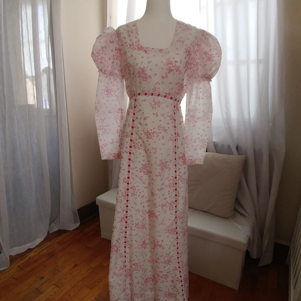 Vintage 70s Maxi Dress Puff Sleeve Floral Print 2 - Picture 3 of 16